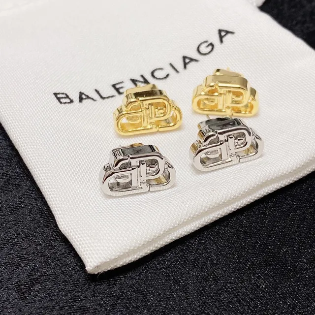 Balenciaga BB Gold Silver Interlocking Monogram Openwork Metal Earrings