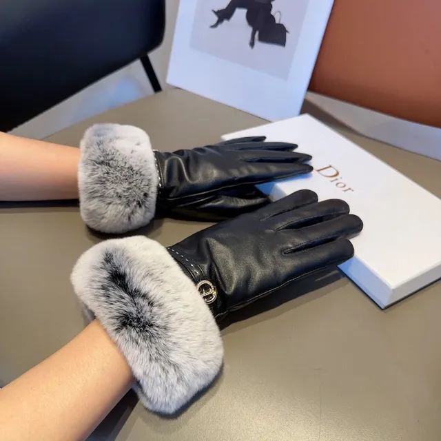 Black Gray Faux Fur Cuff Leather Gloves