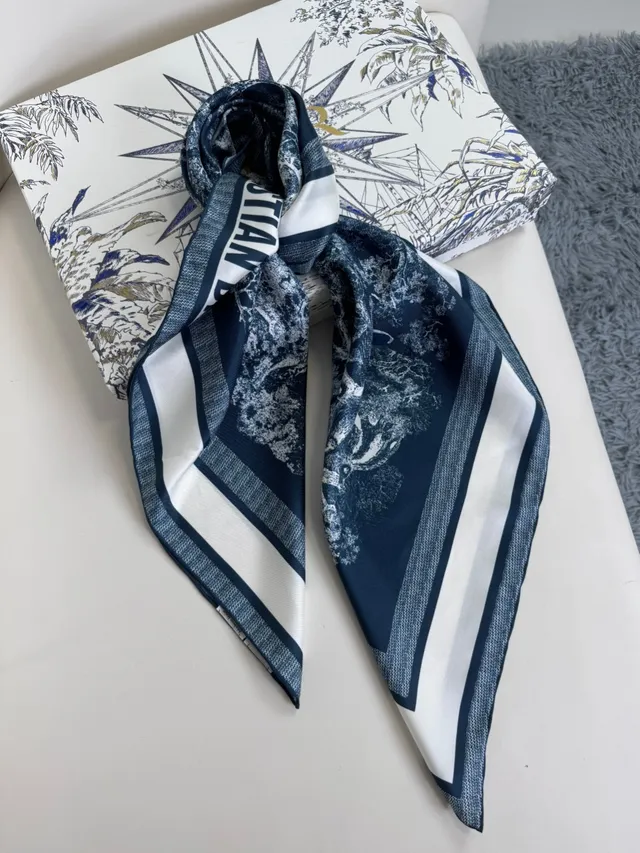 Dior Navy White Abstract Botanical Print Blue Base Silk Scarf