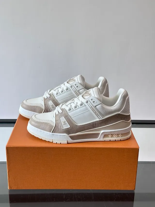 Louis Vuitton LV Trainer Beige White Structured Multi-Panel Upper Branded Side Strap Lifestyle Sneakers