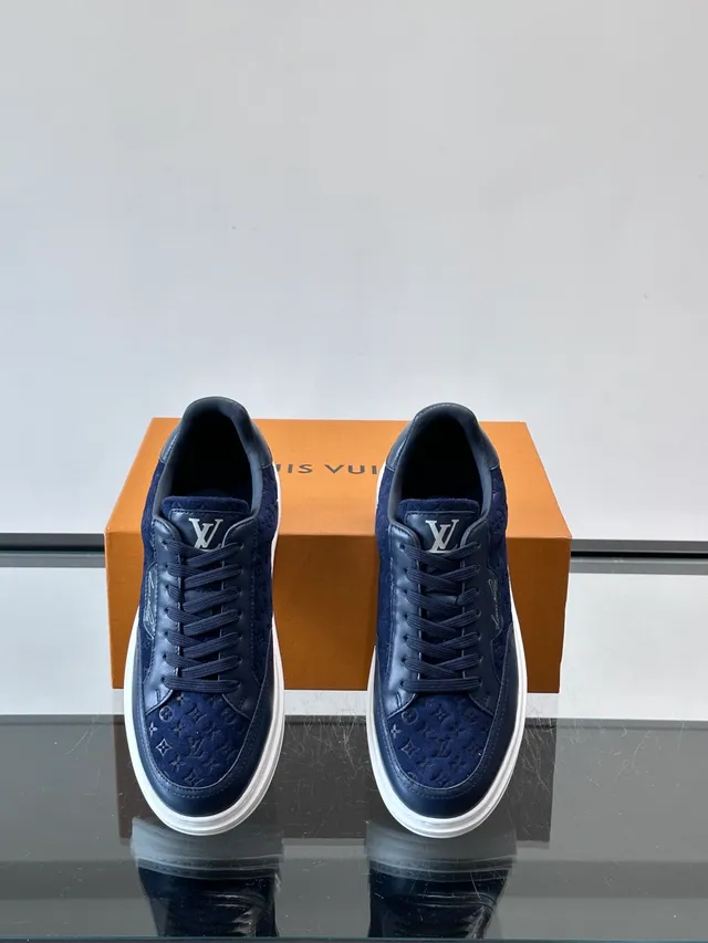 Louis Vuitton LV Trainer Navy White Monogrammed Suede And Leather Upper Thick Platform Sole Lifestyle Sneakers