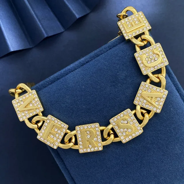 Versace Chain Reaction Gold Silver Curb Crystal-Embellished Letter Charms Necklace