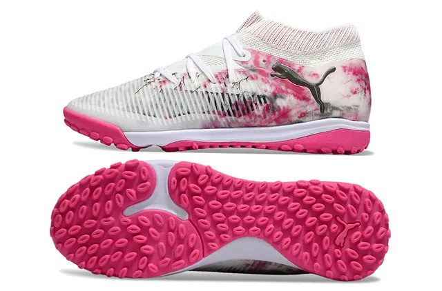 Puma White Pink Knit Sock-Fit Collar Tie-Dye Print Upper Turf Soccer Shoes