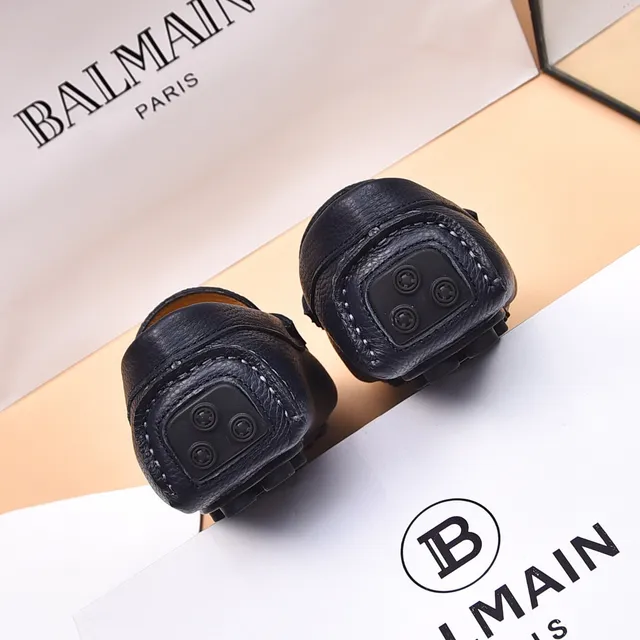 Balmain B-Court Black Beige Pebbled Leather Metal Buckle Loafer