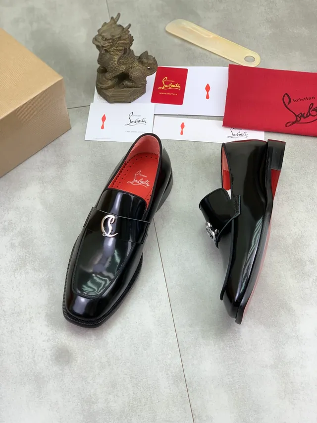 Christian Louboutin Loafer Black Red Patent Leather Metallic Logo Buckle Loafer