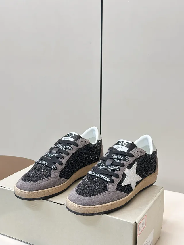Golden Goose Ball Star Black Glitter and Gray Suede Lifestyle Sneakers