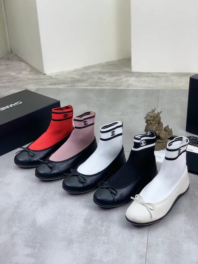 Chanel Red Black Knit Sock Upper Leather Toe Cap Ballet Flat