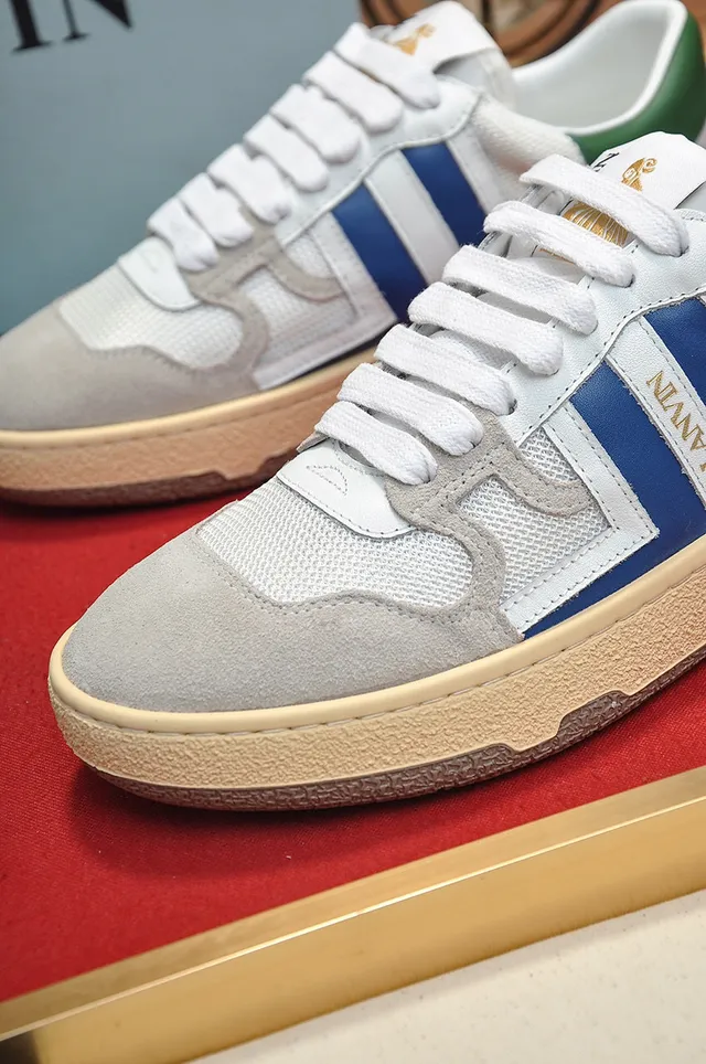 Lanvin White Blue Layered Mesh And Suede Upper Contrasting Side Stripes Lifestyle Sneakers