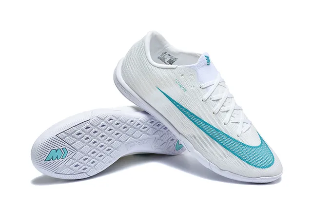 Nike White Blue Knit Upper Flat Rubber Outsole Indoor Soccer Shoes