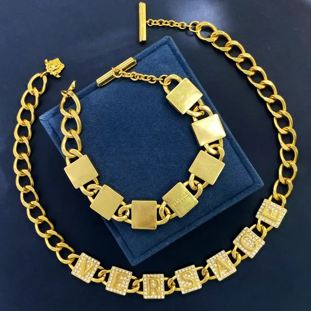 Versace Chain Reaction Gold Silver Curb Crystal-Embellished Letter Charms Necklace