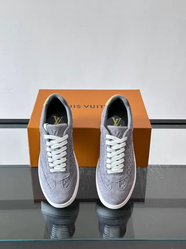 Louis Vuitton LV Trainer Gray Beige Monogrammed Suede White Rubber Sole Lifestyle Sneakers