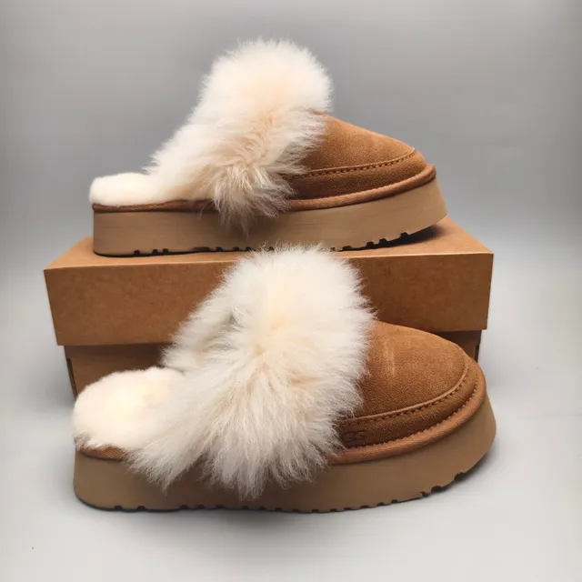 UGG Tasman Tan Suede Shearling-Trimmed Platform Slippers