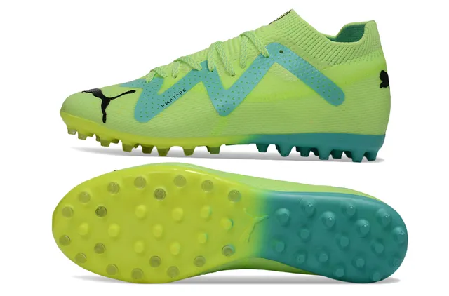 Puma Green Blue Knit Upper W-Formstrip Overlay Turf Soccer Shoes