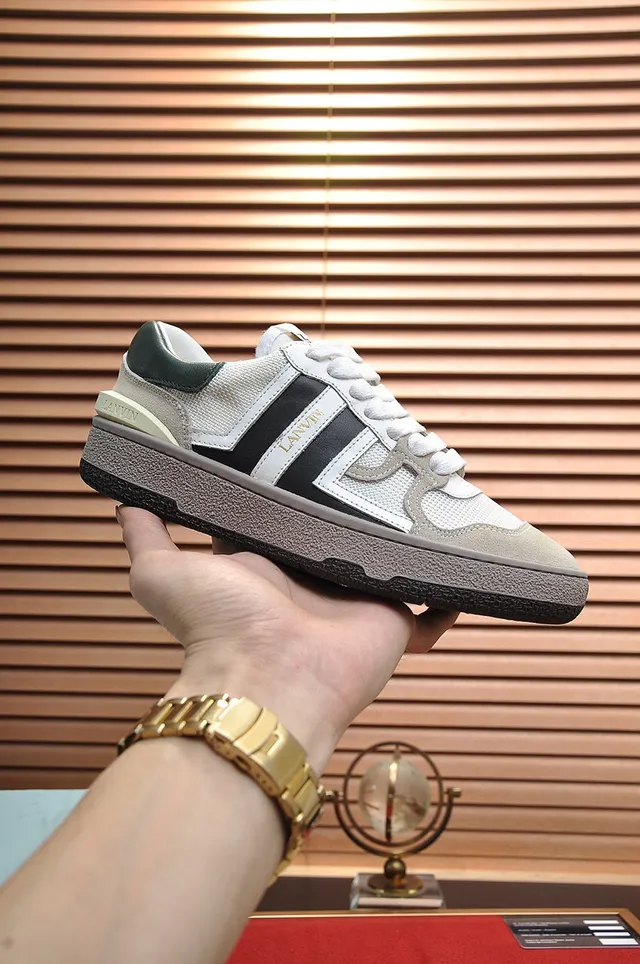 Lanvin White Black Mixed-Material Upper Side Stripe Branding Sneakers