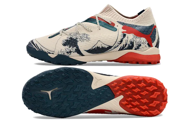 Puma Beige Navy Knit Upper Wave-and-Mountain Graphic Print Sneakers