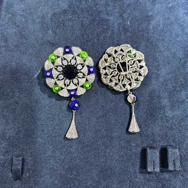 Floral Geometric Pavé Cabochon Dangling Earrings