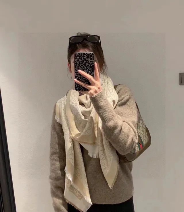 Loewe Monogram Beige and White Cashmere Scarf