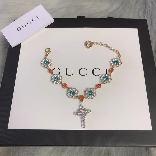 Gucci Multicolor Gold Floral Crystal Charm Metal Bracelet