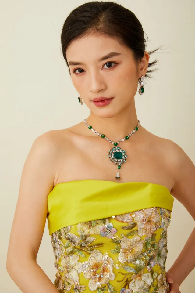 Lime Green Satin-Banded Floral Embroidered Sequin Dress