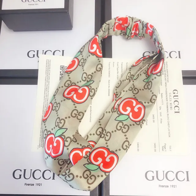 Gucci Apple GG Beige Red Knotted Headband Monogram Print Silk Scarf