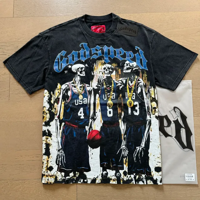 Godspeed Skeleton Basketball Graphic Print Black T-Shirt