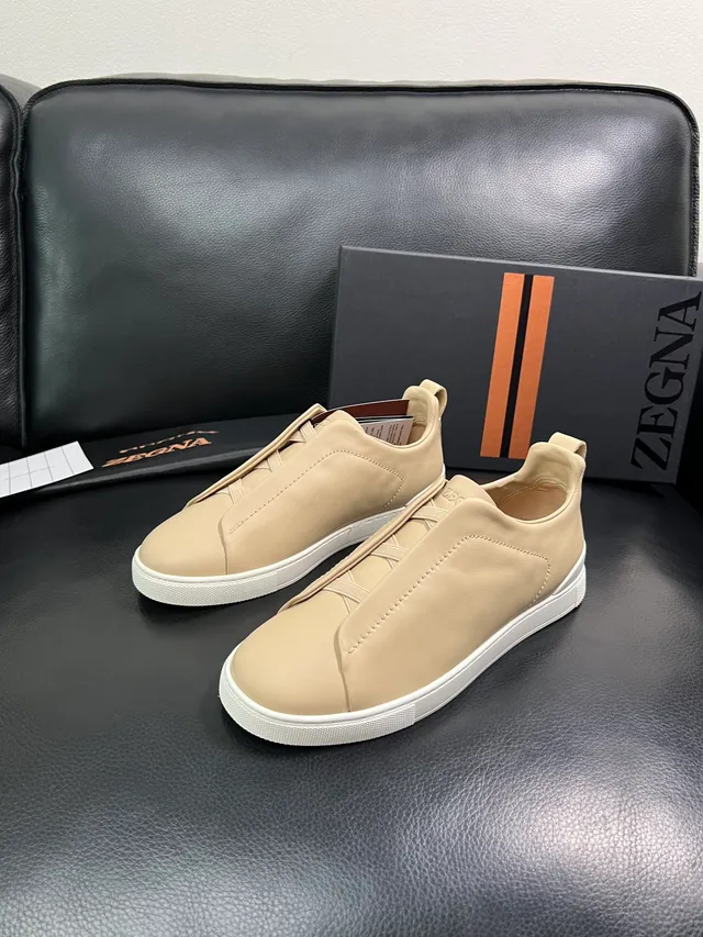 Zegna Beige Leather Slip-On White Sole Sneakers