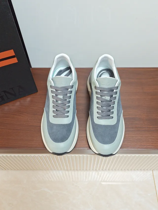 Zegna Gray Beige Mixed-Material Upper Sage Green And Charcoal Color Blocking Sneakers
