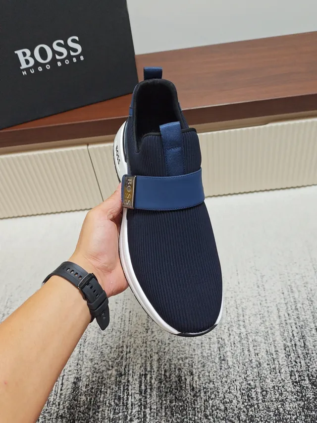 Hugo Boss Navy White Knit Upper Elastic Strap Closure Lifestyle Sneakers