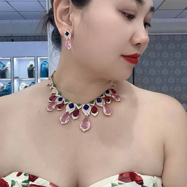Red Pink Two-Stone Drop Pavé Diamond Halo Earrings