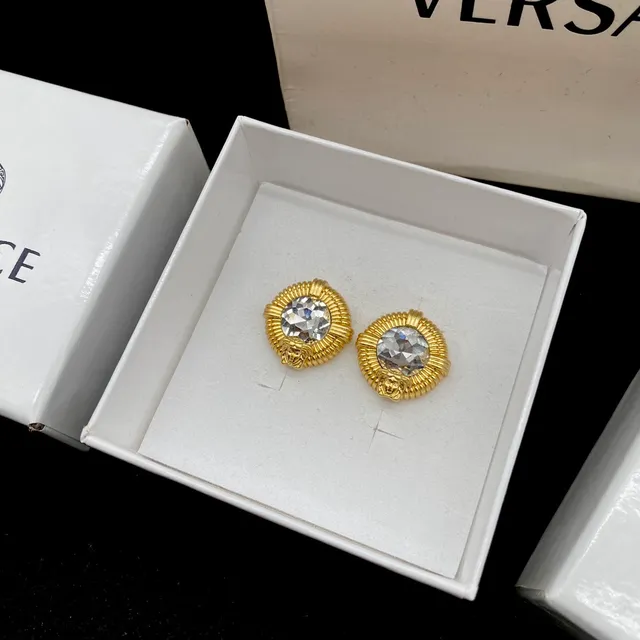 Versace Medusa Stud Gold Transparent Ribbed Bezel Faceted Crystal Center Earrings