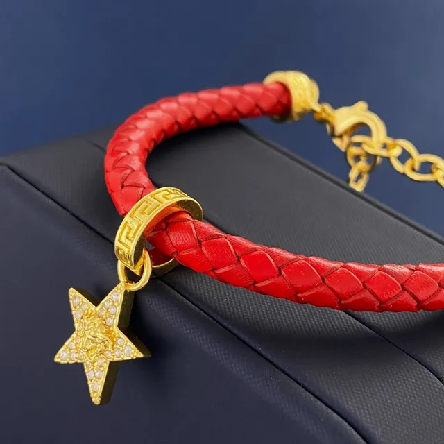 Versace Red Gold Braided Leather Metal Bracelet