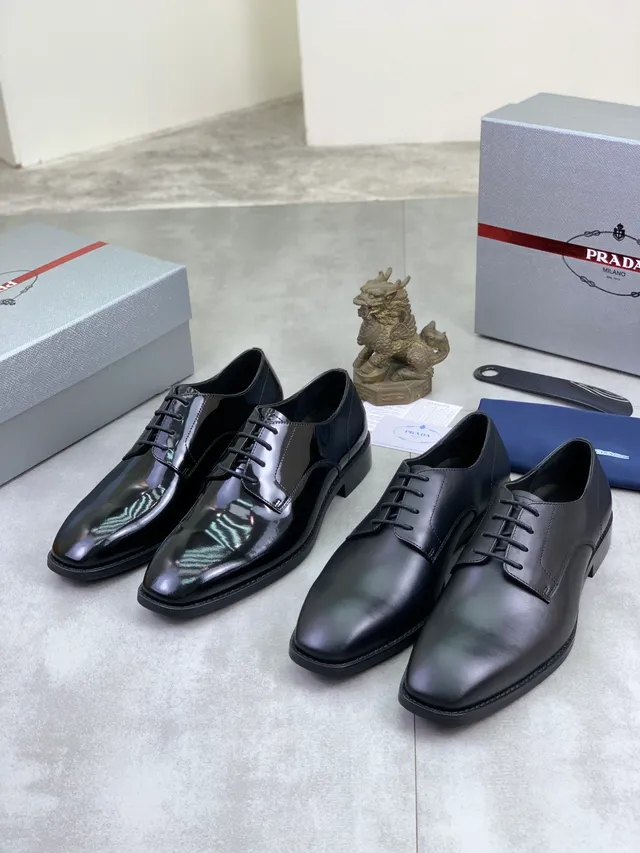 Prada Black Polished Leather Cap Toe Oxford Shoes