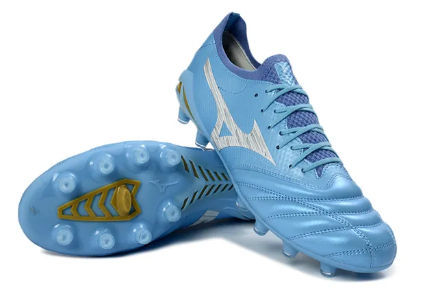 Mizuno Morelia Neo Light Blue Silver Gold Firm-Ground Soccer Shoes