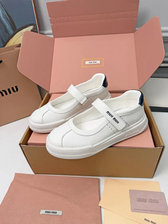 Miu Miu Mary Jane Sneaker White Navy Leather Upper Logo Strap Mary Jane Shoes