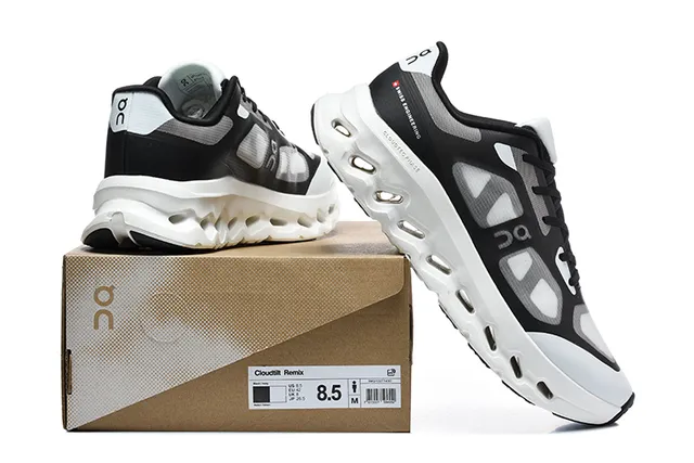 On Black White Engineered Mesh Upper Open Hexagonal CloudTec Pods Running Shoes