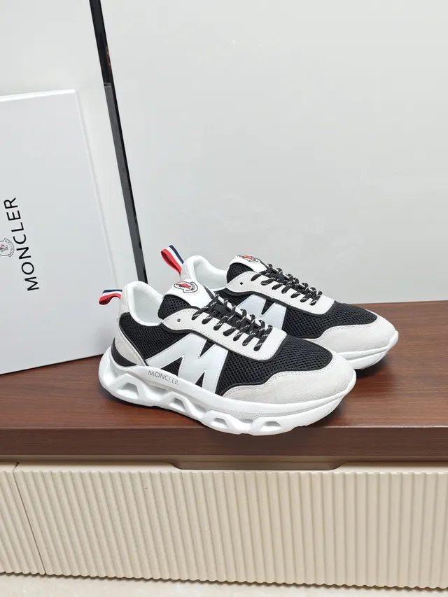 Moncler Black White Mesh-Suede Hybrid Upper Oversized 'M' Logo Chunky Sneakers