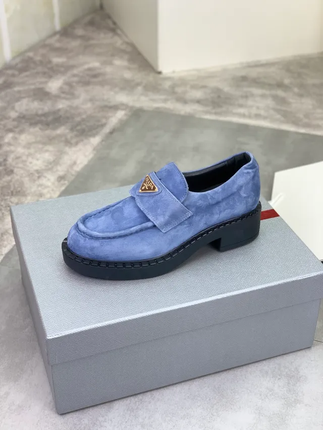 Prada Loafer Blue Black Suede Upper Metal Triangle Logo Plaque Loafer
