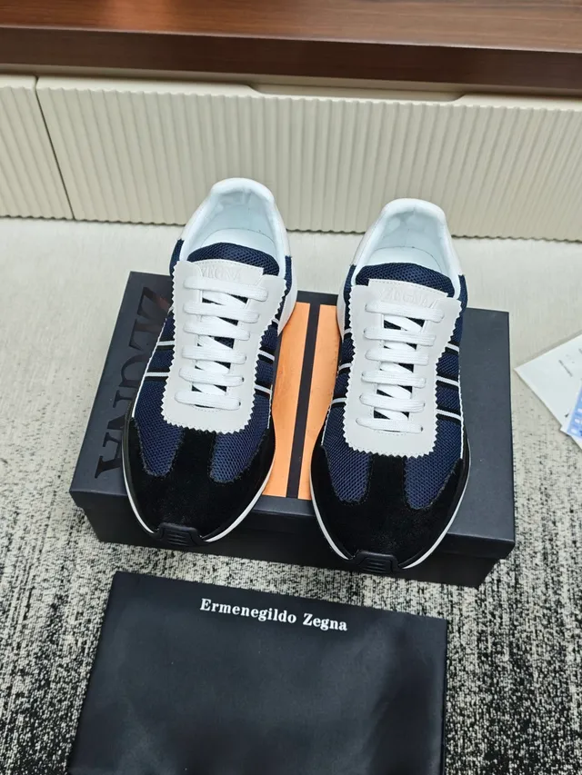 Zegna Navy Black Mixed-Material Upper Color Blocking Sneakers