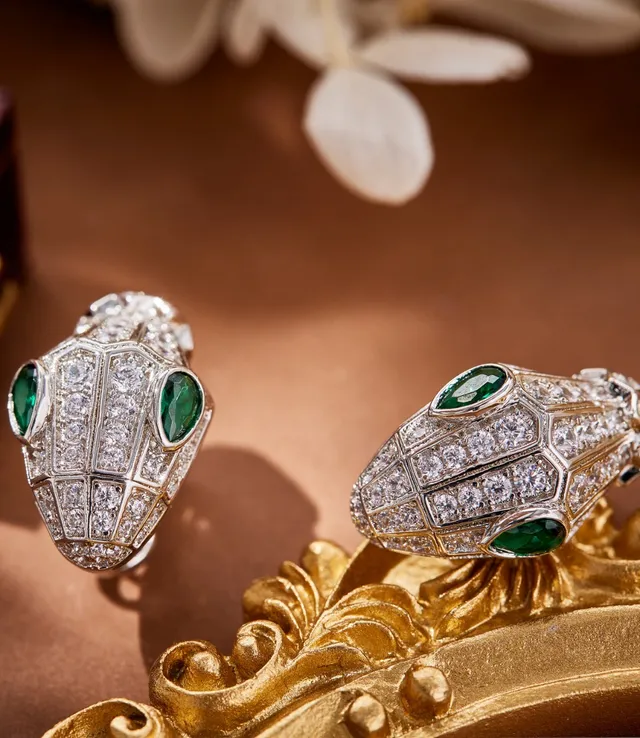 Bvlgari Serpenti Pavé Diamond and Emerald Snake-Head Earrings