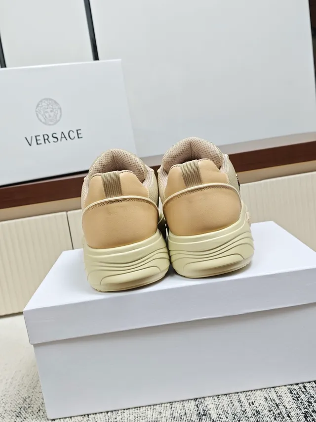 Versace Beige Brown Mesh And Leather Upper Thick Platform Sole Chunky Sneakers