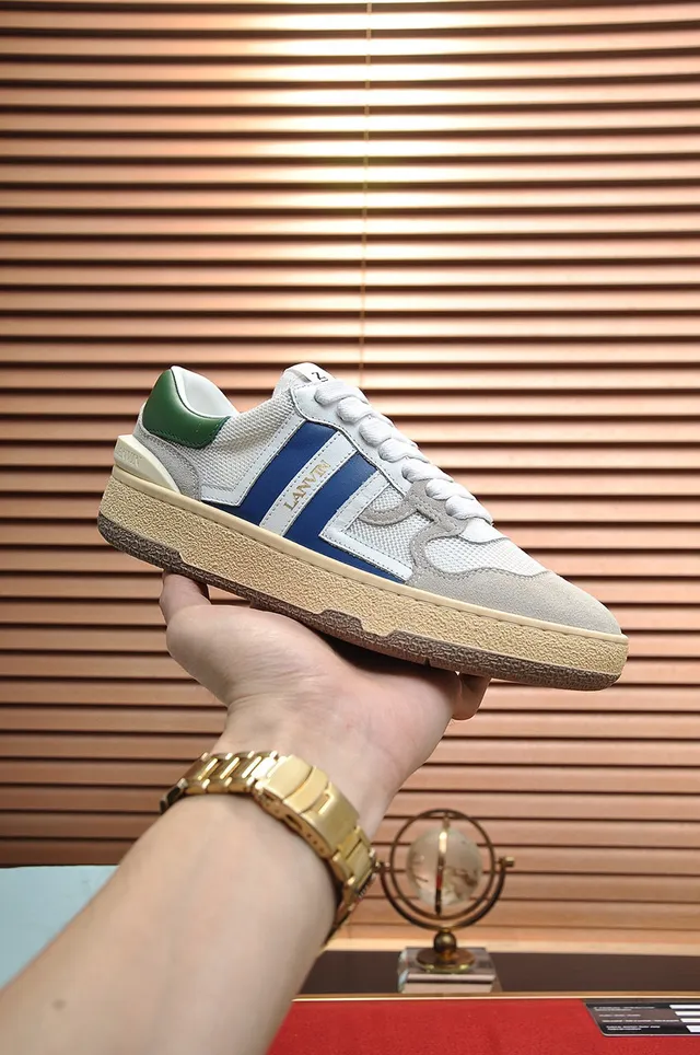 Lanvin White Blue Layered Mesh And Suede Upper Contrasting Side Stripes Lifestyle Sneakers