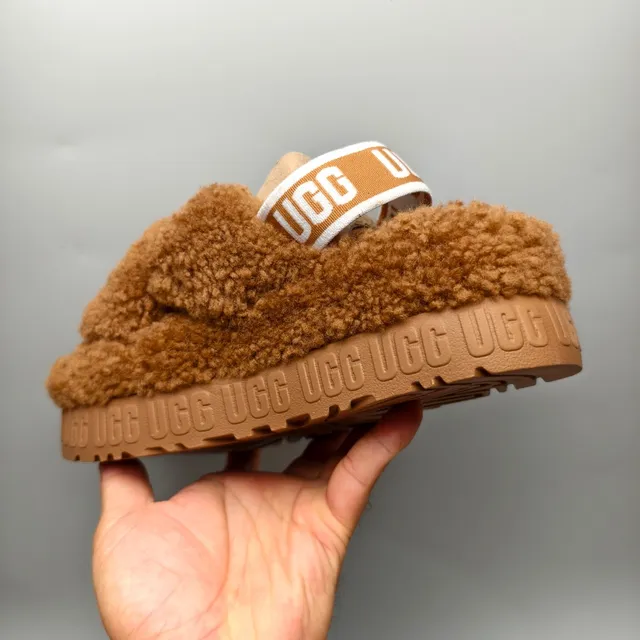 UGG Tasman Chestnut Brown Plush Shearling Cross-Strap Slippers