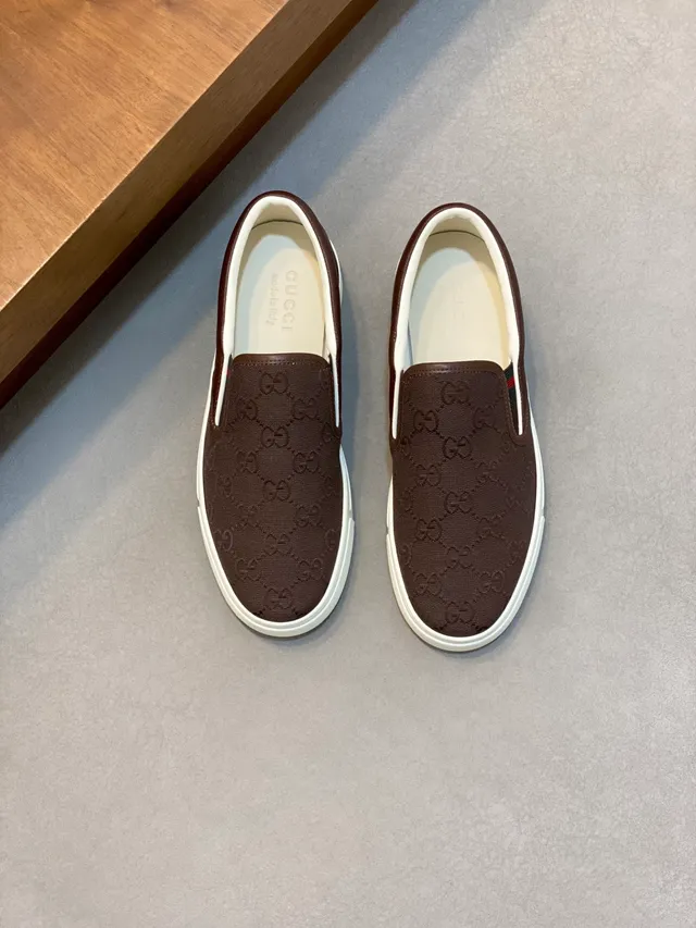 Gucci Brown White GG Monogram Canvas Smooth Leather Heel Counter Loafer