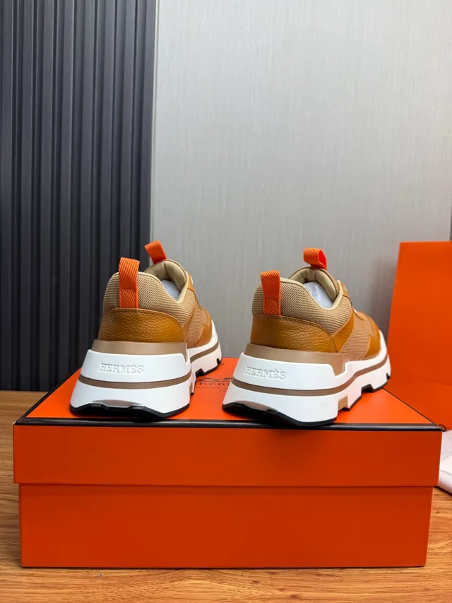 Hermès Beige Brown Mixed-Material Upper Layered Chunky Sole Sneakers
