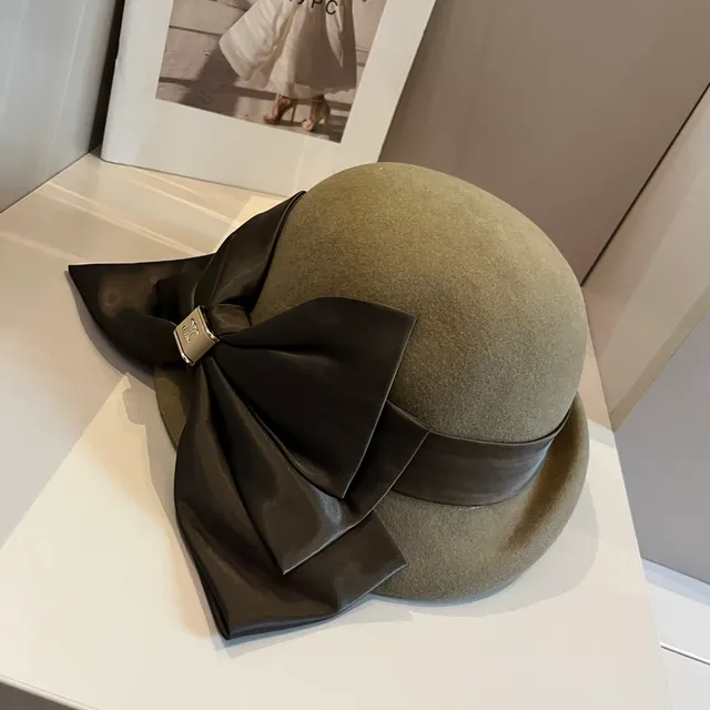 Celine Beige Brown Felt Satin Ribbon Bow Beret