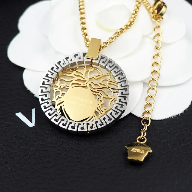 Versace Medusa Gold Silver Openwork Head Greek Key Border Necklace