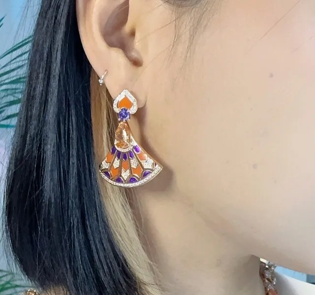 Fan-Shaped Enamel and Gemstone Drop Earrings