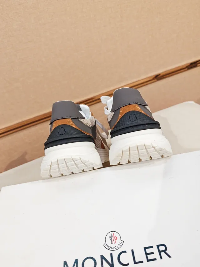 Moncler Brown Beige Mixed-Material Upper Herringbone Textile Panels Sneakers