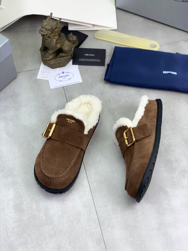 Prada Brown White Suede Upper Shearling-Lined Loafer