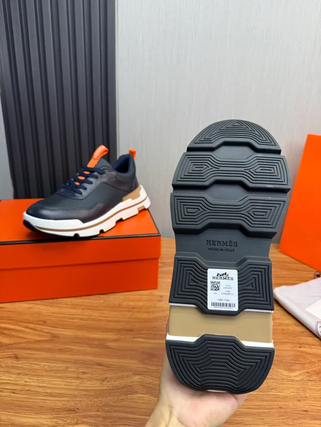 Hermès Navy Orange Chunky Sole Mesh And Pebbled Leather Upper Sneakers